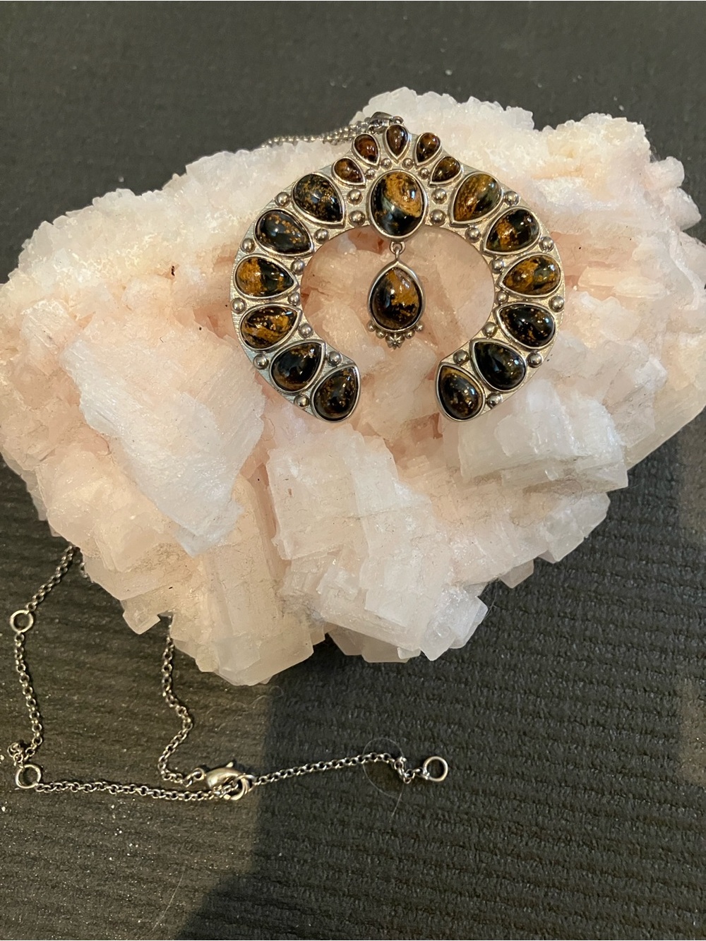 Sterling Silver Necklace with Brown Amber Teardrop Accents